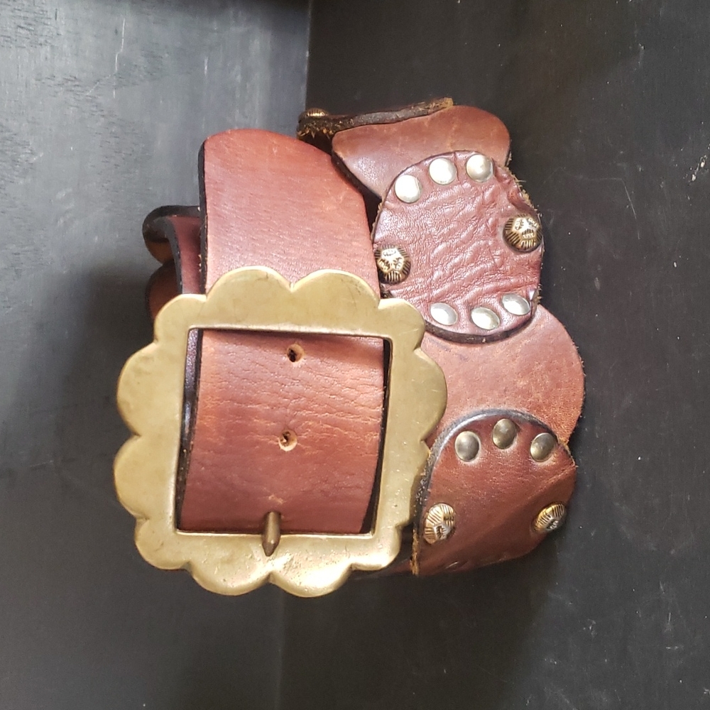 Boho leather belt with brass rivets and buckle